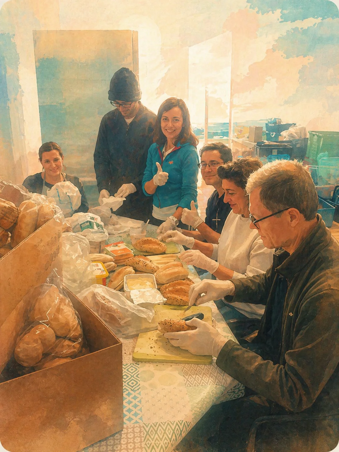 Portimão Soup Kitchen volunteers preparing bread and sandwiches together