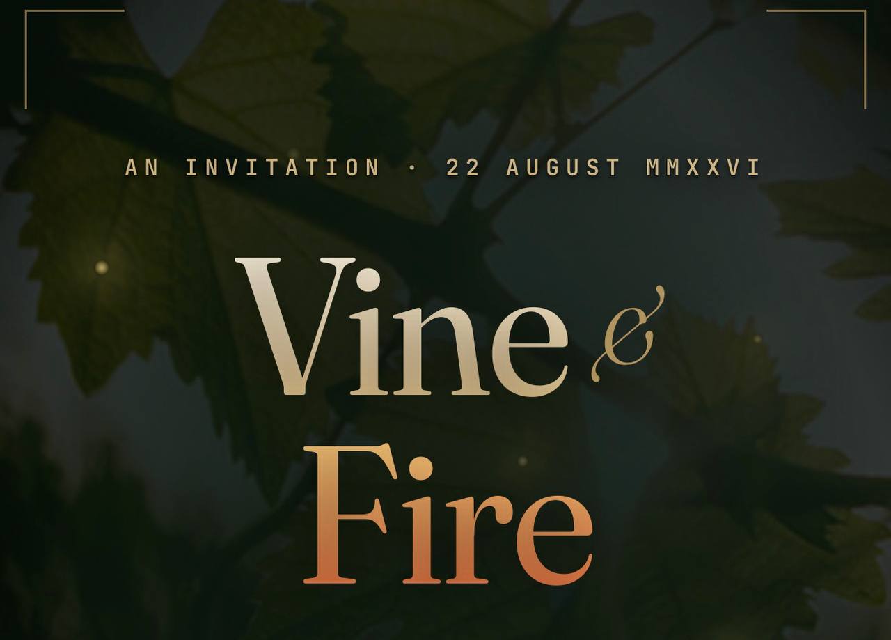 Vine and Fire invitation artwork for the Portimão Soup Kitchen fundraiser dinner at Arvad Vineyard