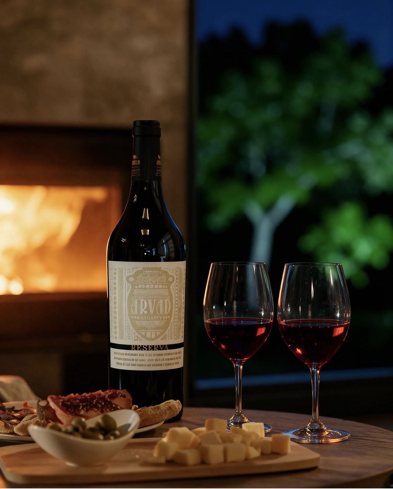 An Arvad Reserva bottle with two glasses and a charcuterie board lit by an open fire.
